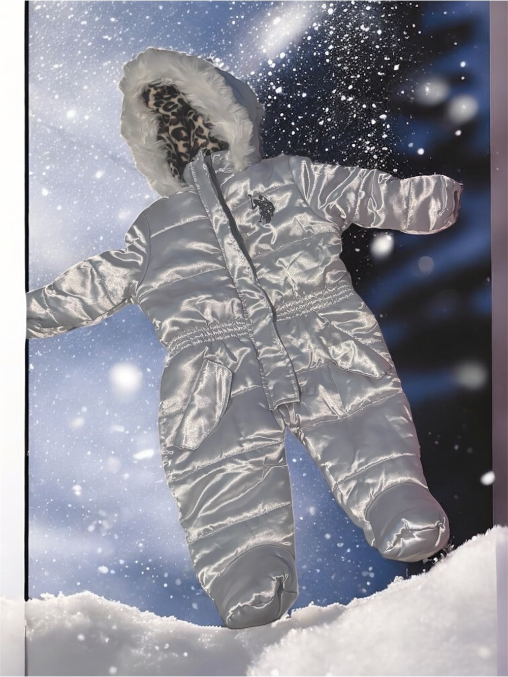 US Polo Association Infant Baby Shiny Silver Puffer Snowsuit with Fur-Trim Hood